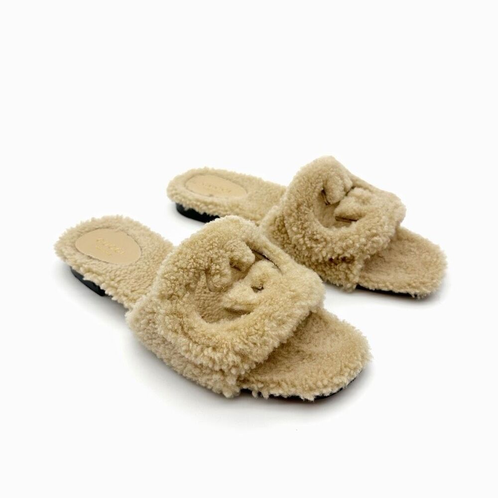 GUCCI Wool Shearling Fur GG Sandal Mule 37.5 Interlocking GG Logo Slip On Slide - Picture 11 of 11